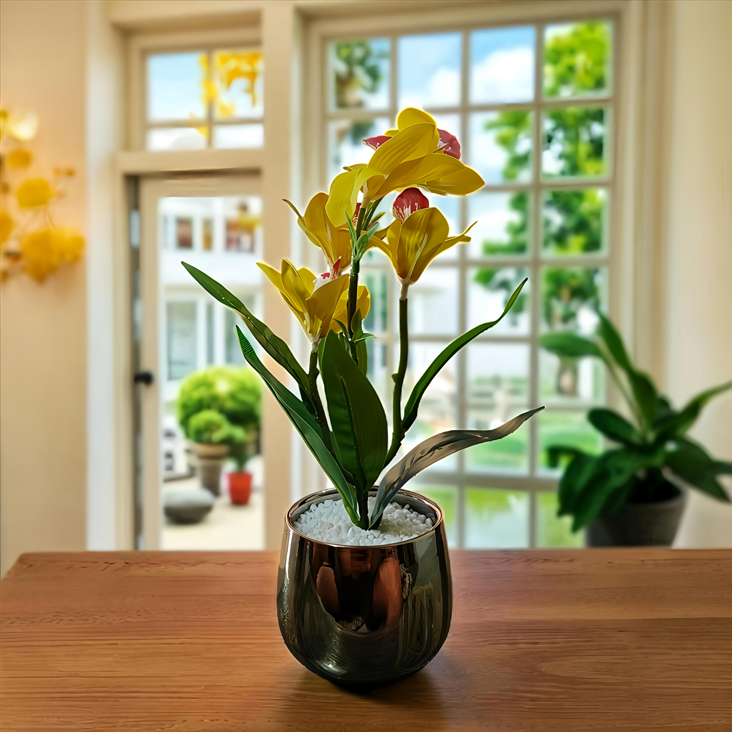 Artificial Yellow Orchid Plant with Golden Pot – Elegant Home Decor