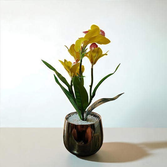 Artificial Yellow Orchid Plant with Golden Pot – Elegant Home Decor