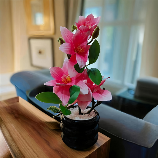 Artificial Pink Blossom Plant in Glossy Black Pot – Elegant Home & Office Decor