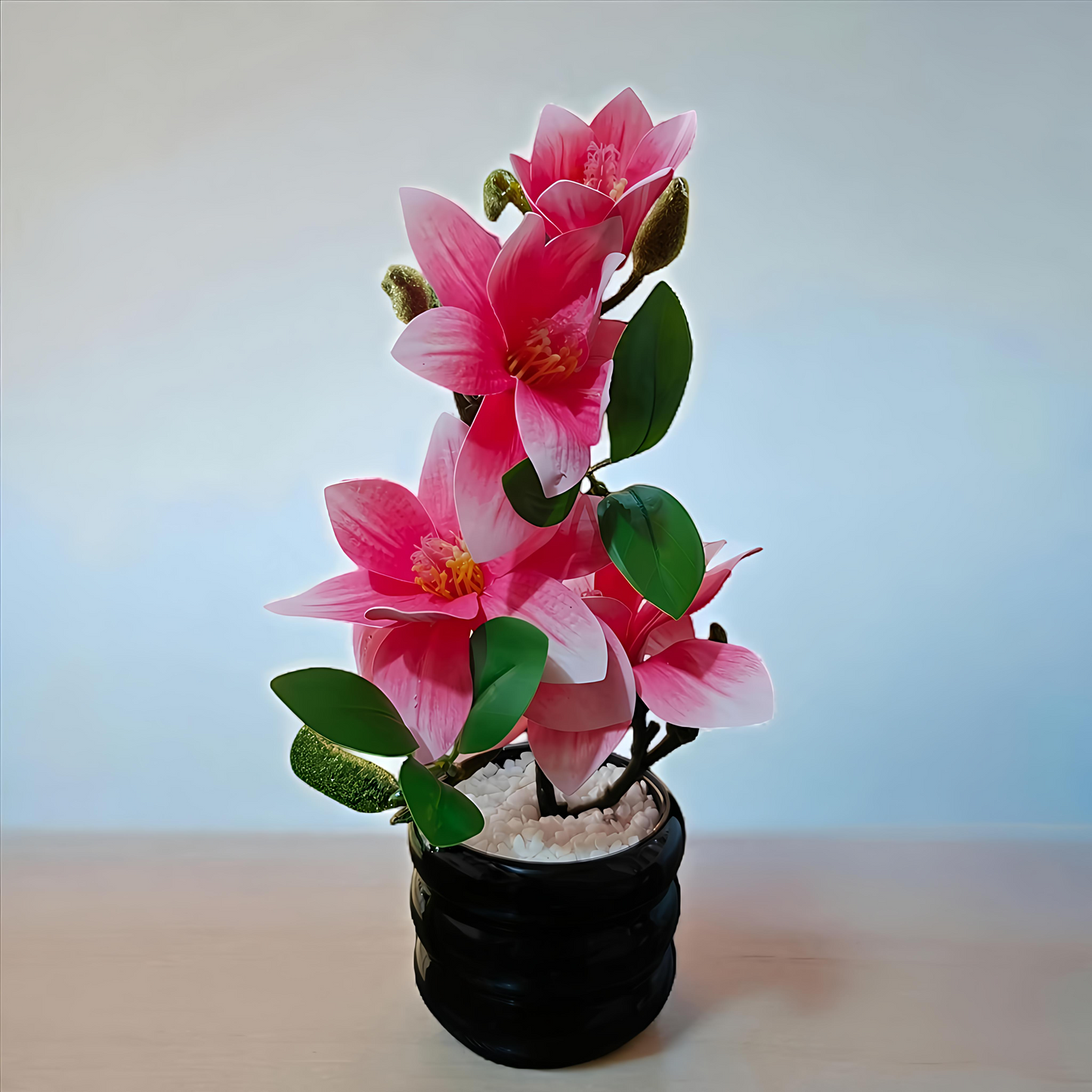 Artificial Pink Blossom Plant in Glossy Black Pot – Elegant Home & Office Decor